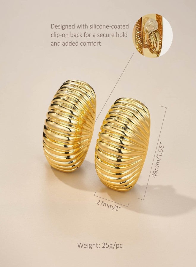Sngia Large 18K gold plated Chunky Clip on Statement Earrings for Women, Bold Handmade Exaggerated Trendy Seashell Ribbed Jewelry Gifts, Curved Half Circle Textured Summer Beach Fashion Earrings Accessories, Big Vintage Irregular Hammered Thick Circular Nickle Free Cuff Huggie Earrings. - Image 4